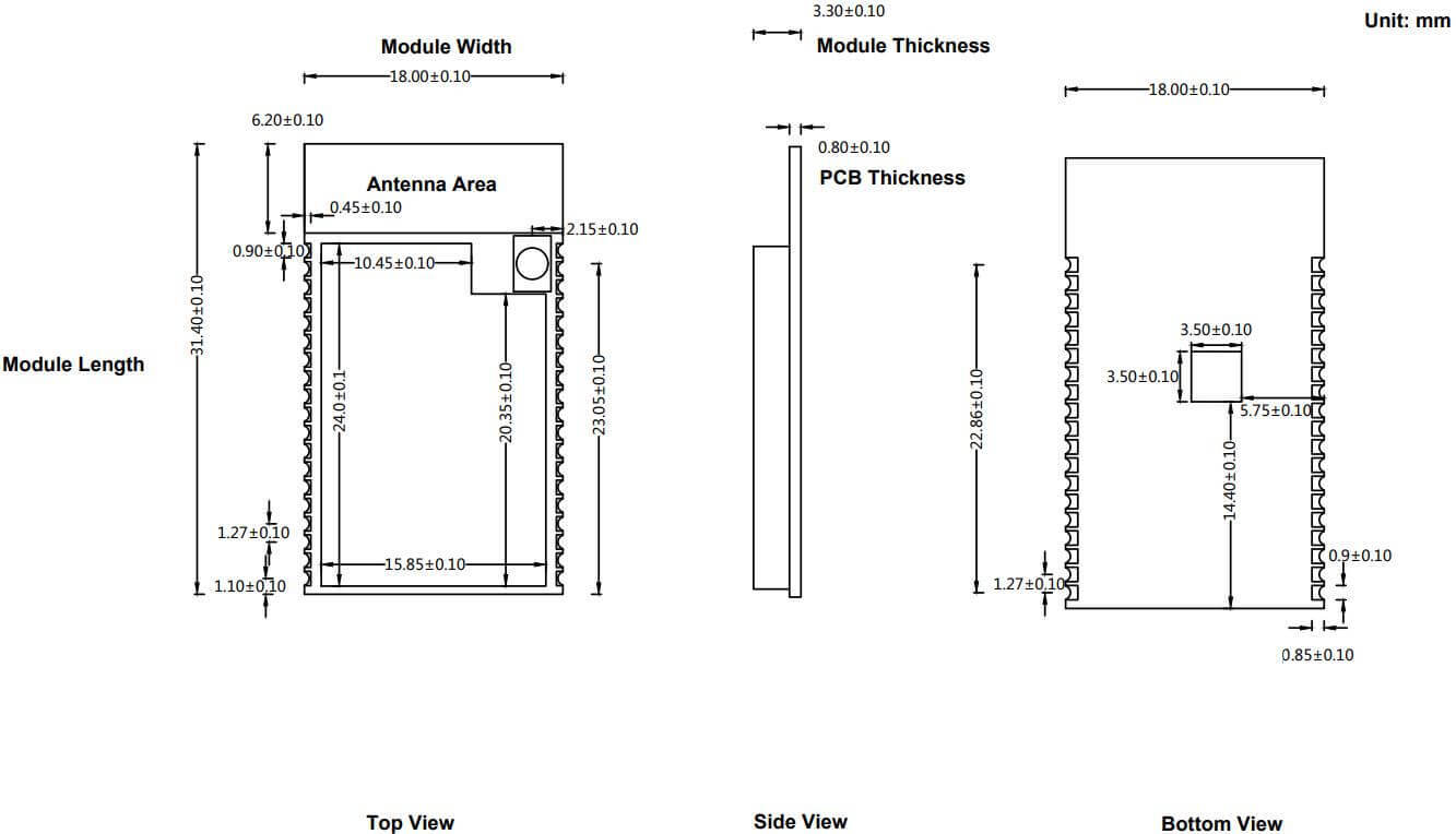 Dimension Diagram of ESP32 WIFI+BLE Module