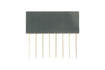 Angled shot of front panel showing 8 pin stackable header for Arduino electronics with metallic connectors and black housing detail