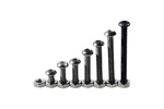 Angled shot of 10pcs M3*25 hex button head cap screws arranged in triangular formation with metallic finish.