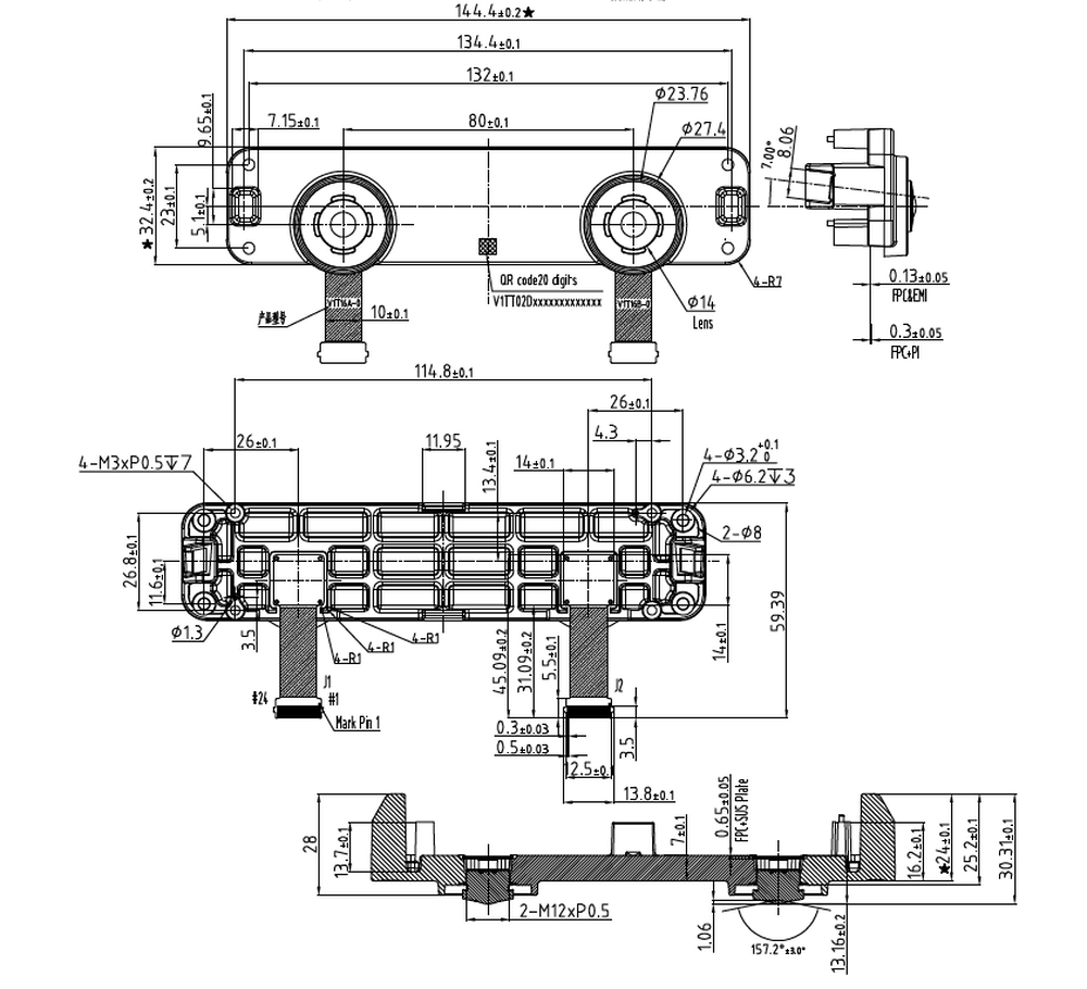 Dimension Diagram of RDK X5 Stereo AI Vision Camera Module (178° FOV, Dual 2MP)