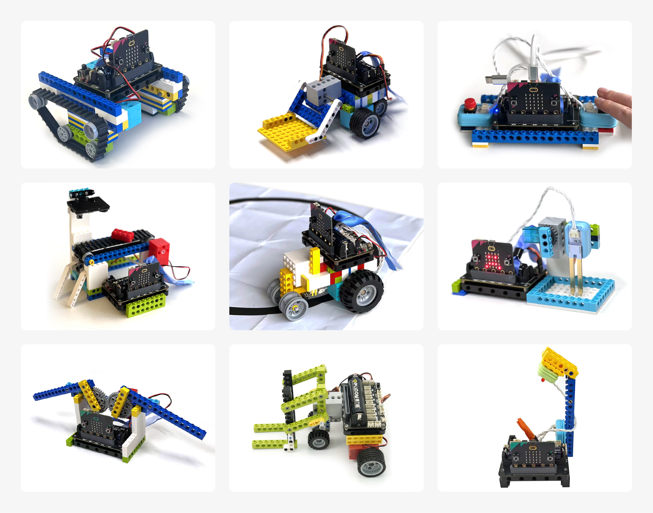 DIY LEGO robot projects built with micro:bit and expansion board: tank, robotic arm, forklift, and helicopter.