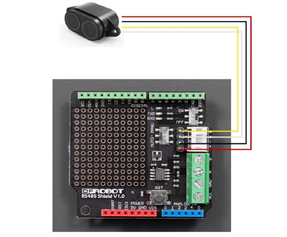Wiring Diagram of RS485 ultrasonic obstacle avoidance sensor and Arduino TTL to RS485 expansion board