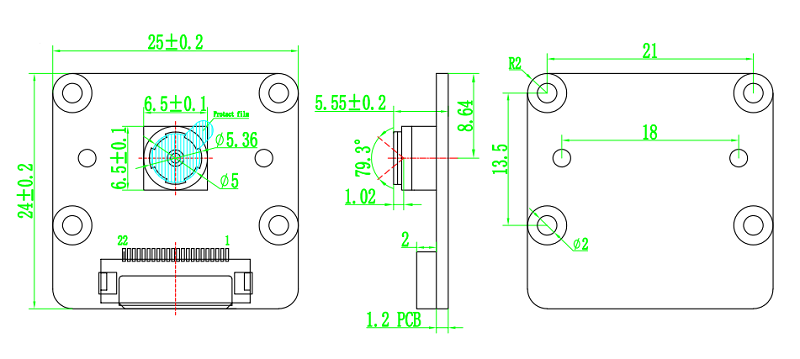 Dimension Diagram of IMX219-77-4Lane 8MP Raspberry Pi 5 Camera Module