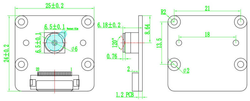 Dimension Diagram of IMX219-120-4Lane 8MP Raspberry Pi 5 Camera