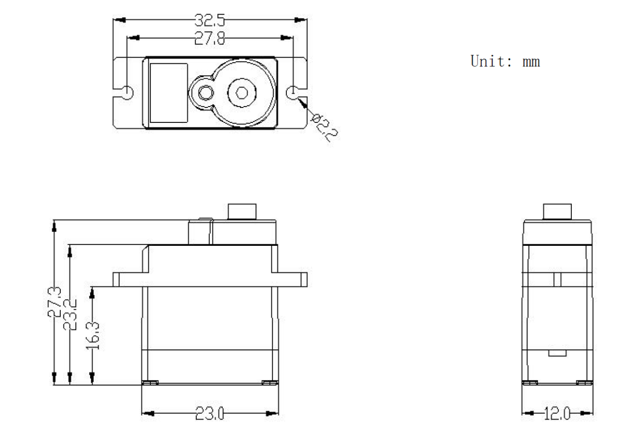 Mechanical Dimensions of DFRobot 9g 180° Clutch Servo