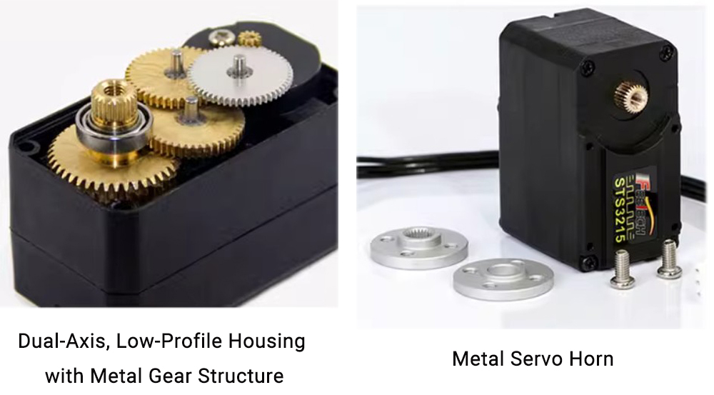 Dual-Axis, Low-Profile Housing with Metal Gear Structure and Metal Servo Horn